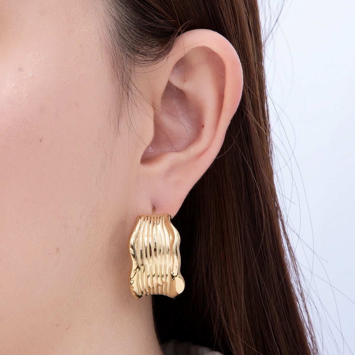 Stainless Steel 32mm Lined Molten Wave Wide C-Shaped Hoop | Earrings-00739