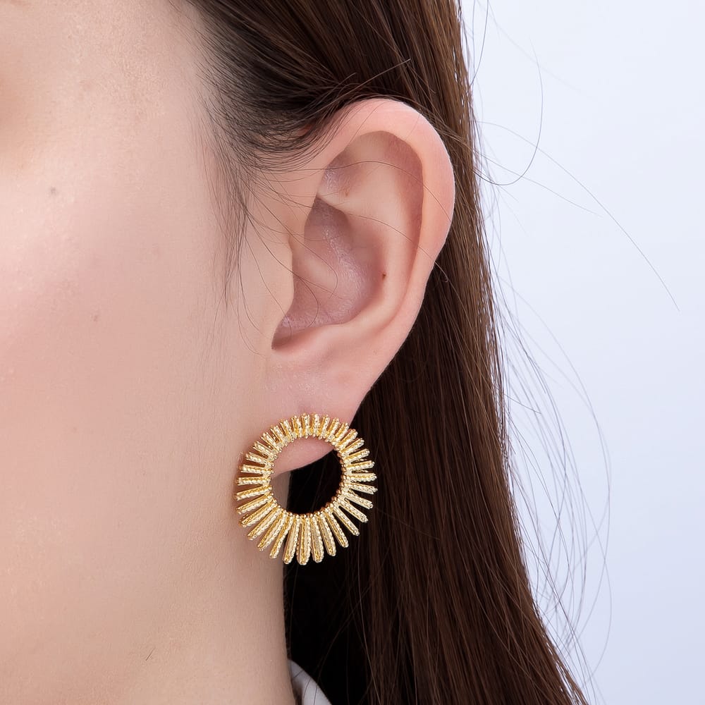 16K Gold Filled 28mm Sunburst Round Ribbed Open Stud Earrings| Earrings-00895