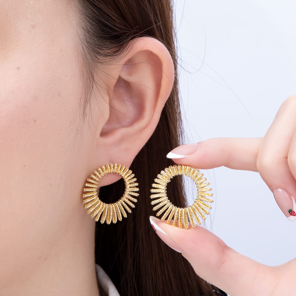 16K Gold Filled 28mm Sunburst Round Ribbed Open Stud Earrings| Earrings-00895