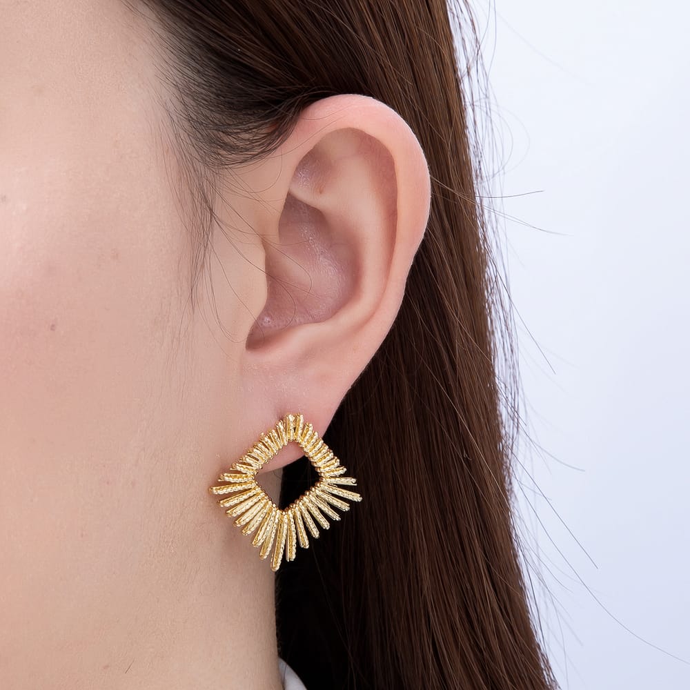 16K Gold Filled 29mm Sunburst Geometric Rhombus Ribbed Open Stud Earrings| Earrings-00897