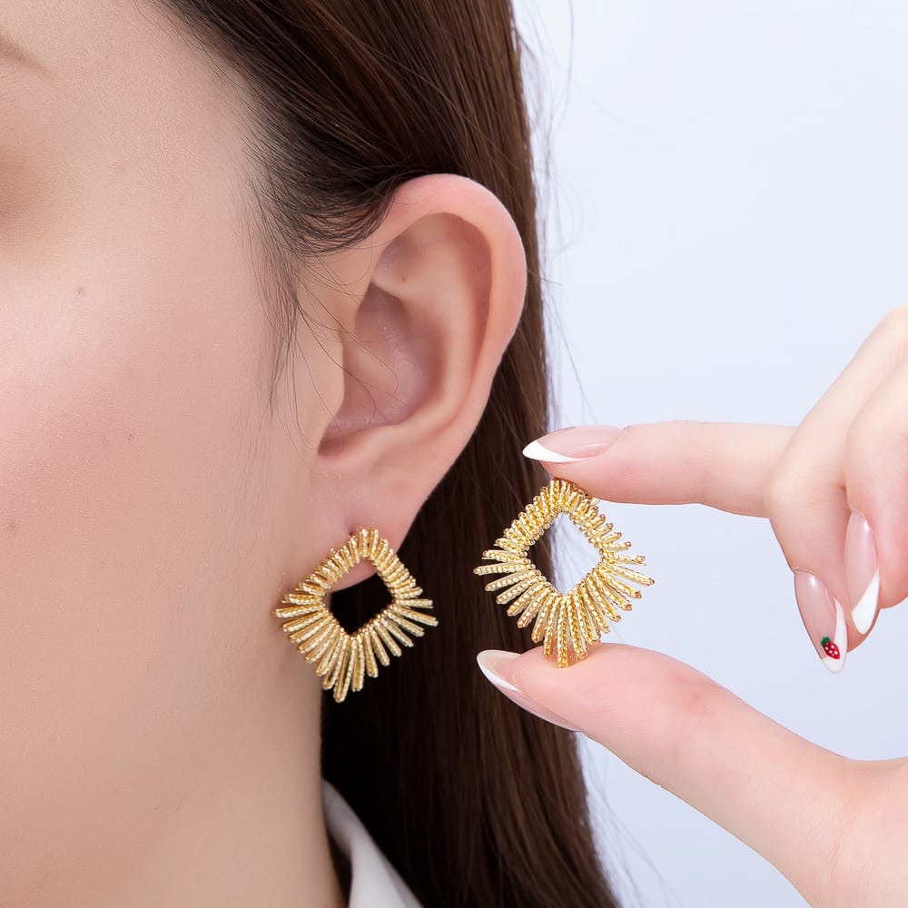 16K Gold Filled 29mm Sunburst Geometric Rhombus Ribbed Open Stud Earrings| Earrings-00897