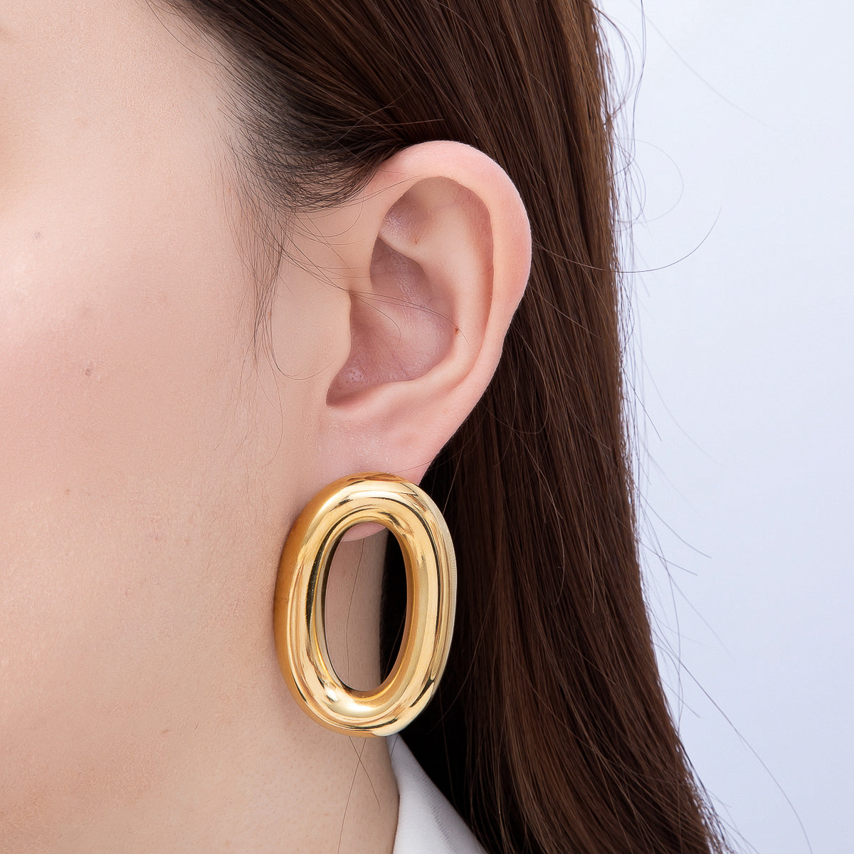 Stainless Steel Gold PVD 45mm Minimalist Oblong Oval Chubby Stud | Earrings-00734