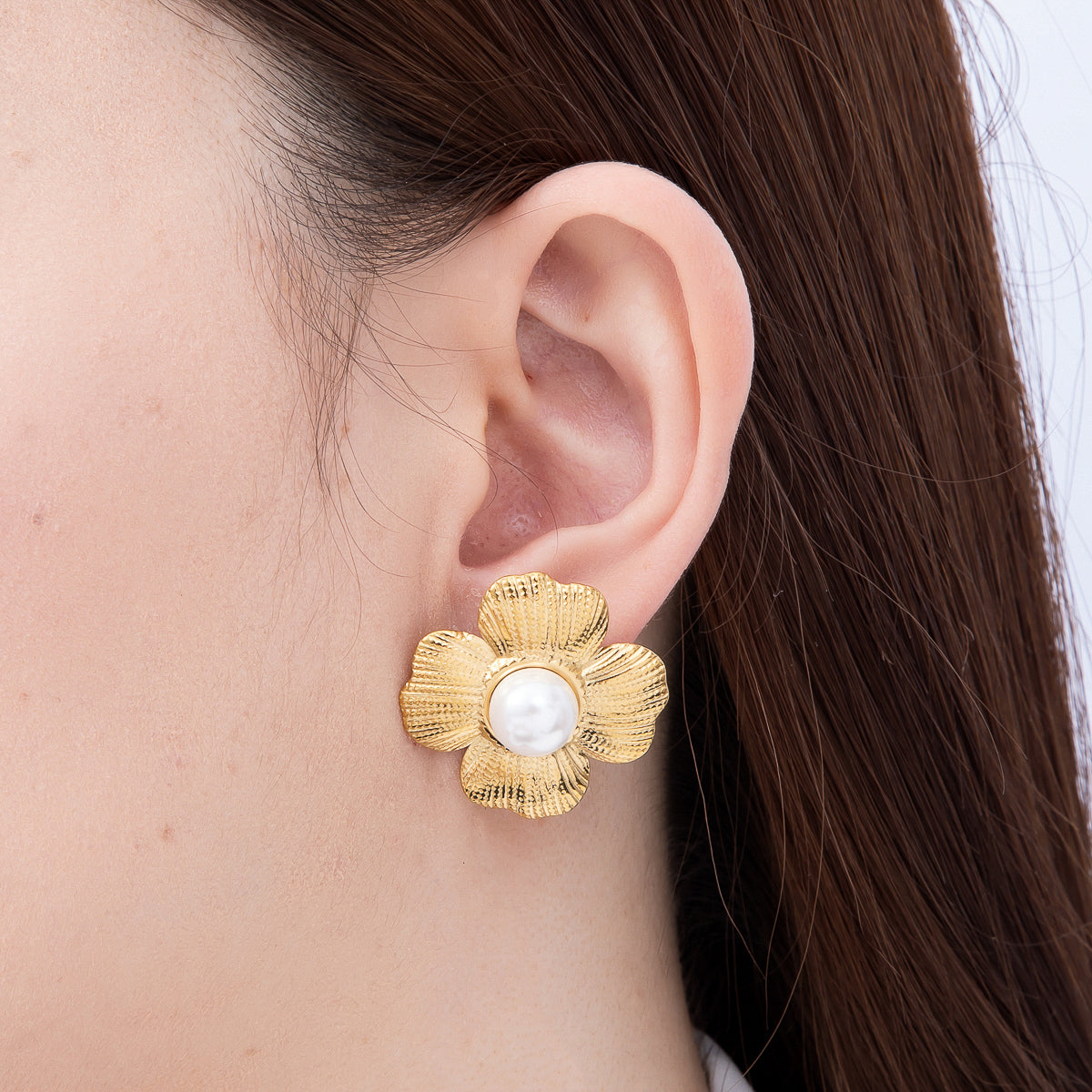 Stainless Steel Gold PVD 30mm Shell Pearl Dotted Textured Flower Stud | Earrings-00733