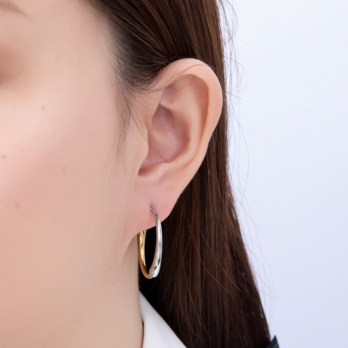 Stainless Steel Two Tone PVD 33.5mm Minimalist C-Shaped Hoop | Earrings-00732