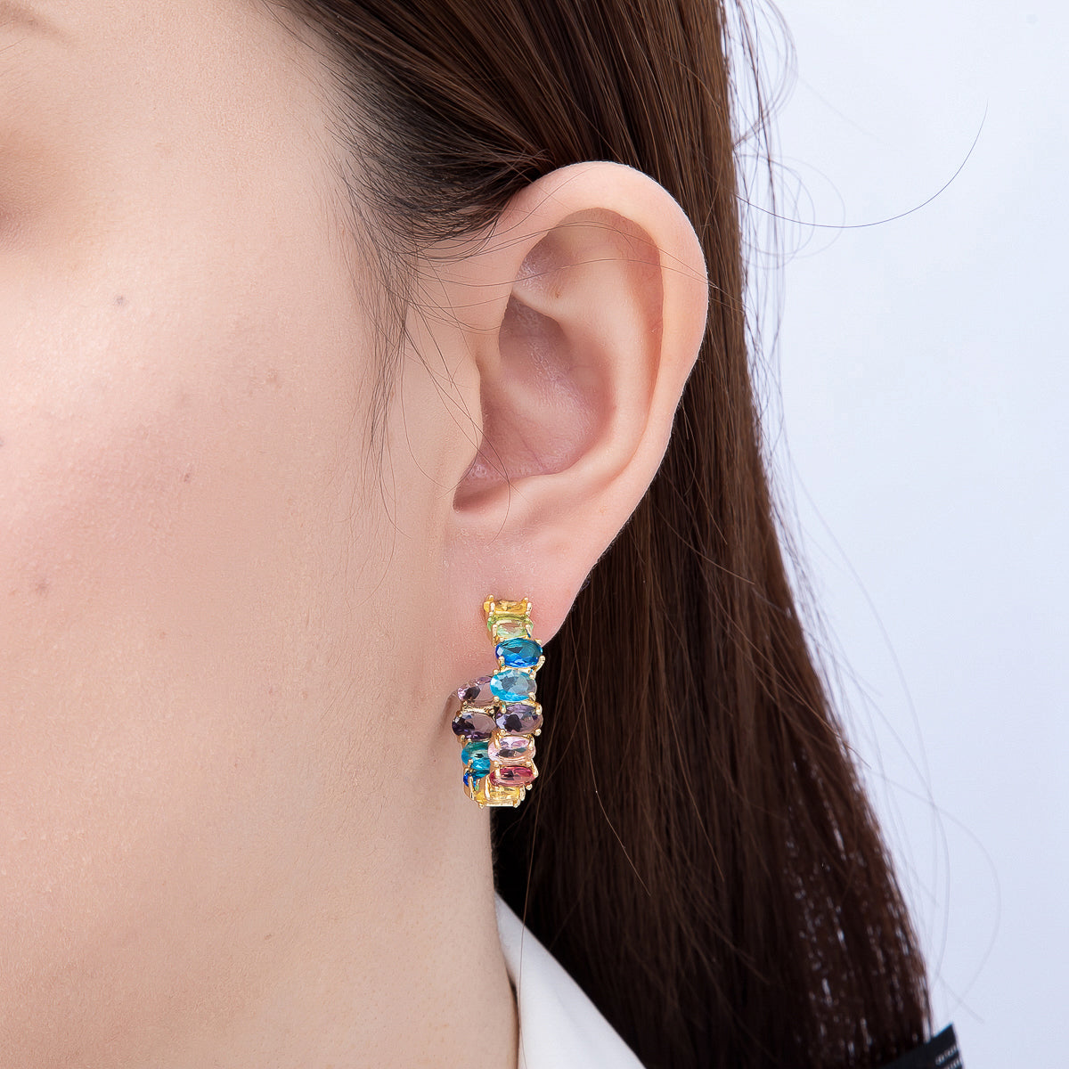 16K Gold Filled 27mm Rainbow Multicolor Oval CZ C-Shaped Hoop | Earrings-00802