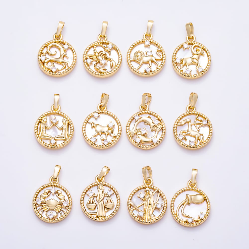16K Gold Filled 19mm Clear CZ Mother of Pearl 12 Zodiac Sign Medallion Pendant | Charms-02079 - Charms-