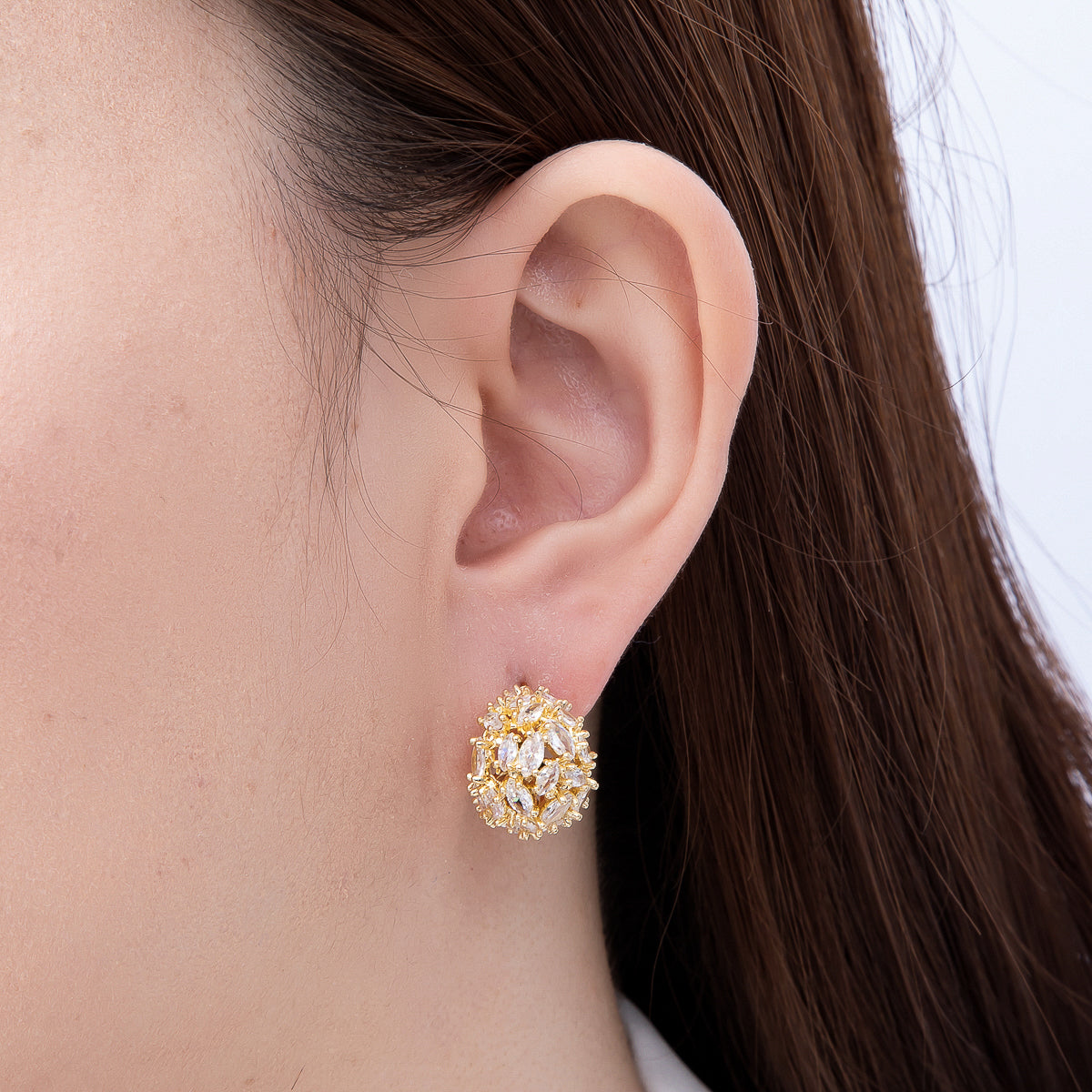 16K Gold Filled 16mm Clear CZ Marquise Cluster C-Shaped Dome Hoop | Earrings-00723