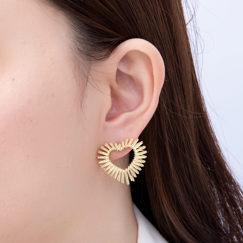 16K Gold Filled 27mm Sunburst Love Heart Ribbed Open Stud Earrings| Earrings-00896