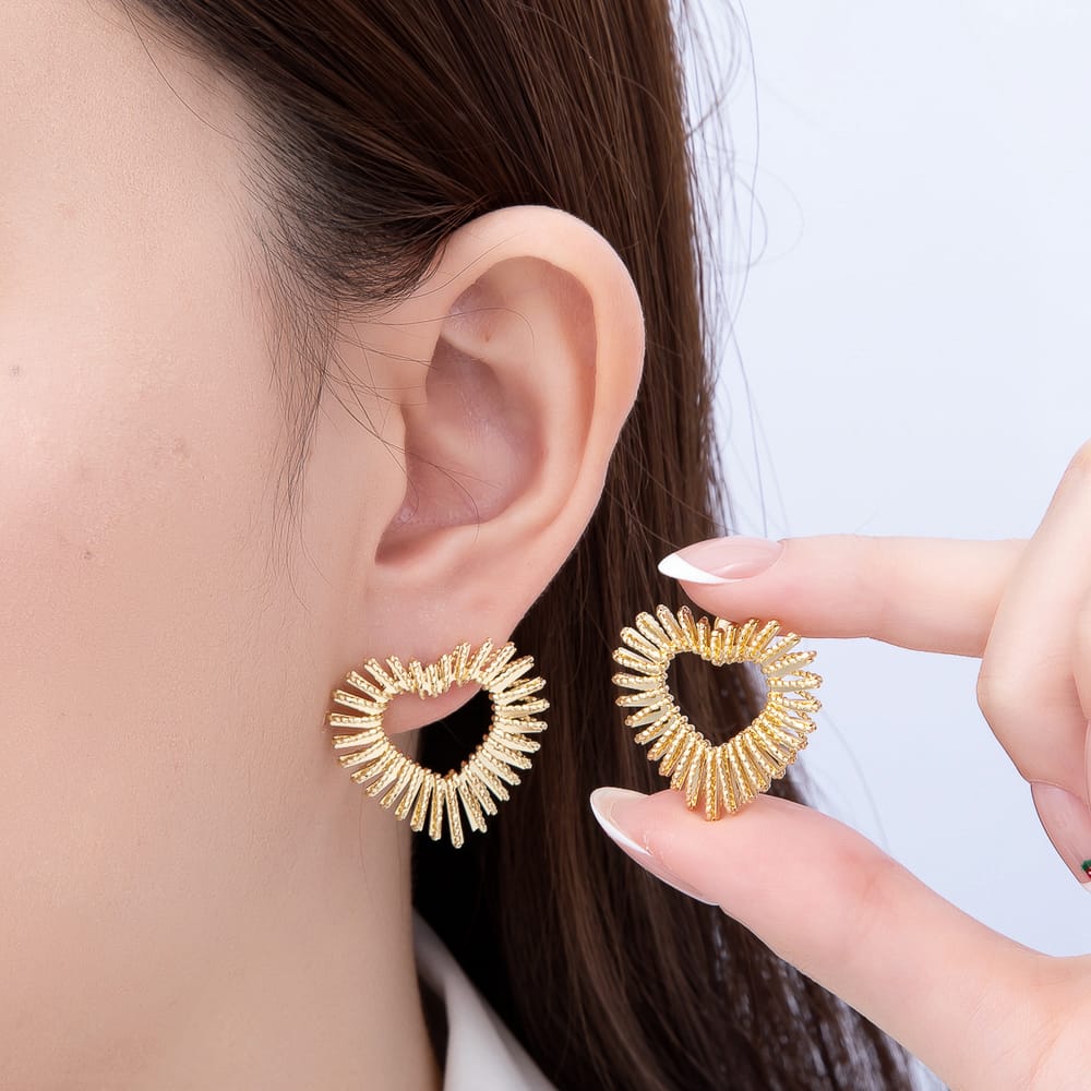 16K Gold Filled 27mm Sunburst Love Heart Ribbed Open Stud Earrings| Earrings-00896