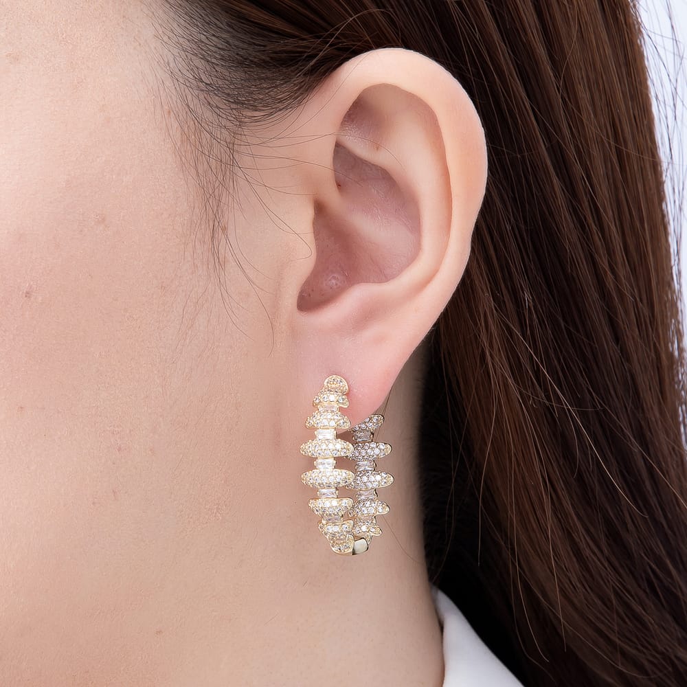 14K Gold Filled 30mm Baguette Micro Paved Lined Geometric Hoop Earrings | Earrings-01119