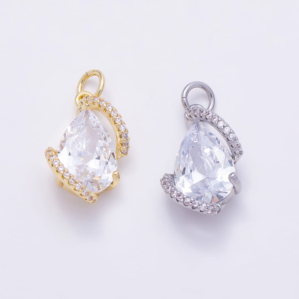 16K Gold Filled 17mm Clear Teardrop Micro Paved CZ Swirl Solitaire Charm in Gold & Silver | Charms-02249 Charms-02250