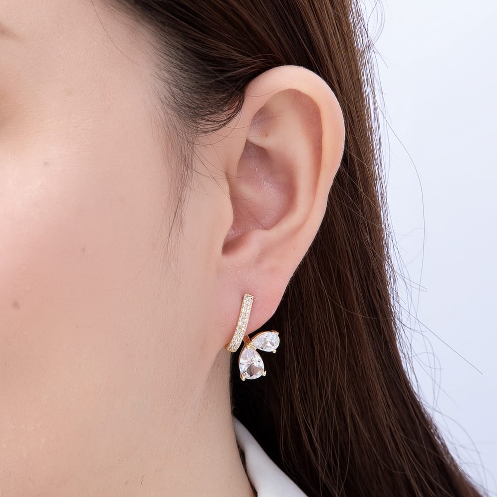 16K Gold Filled 19mm Micro Paved CZ Bar Double Pear Cut Drop C Hoops Earrings | Earrings-00951