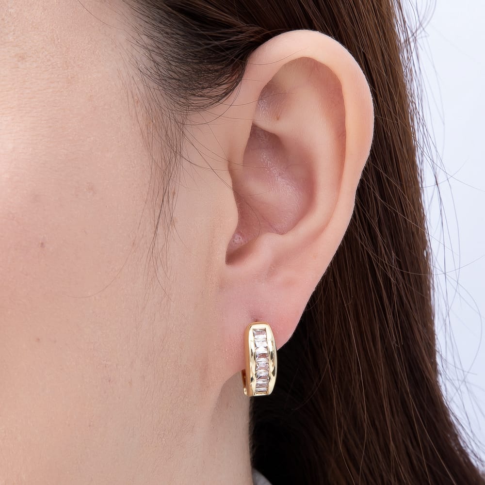 16K Gold Filled 16mm Baguette Clear CZ Huggie Hoop Earrings| Earrings-00967