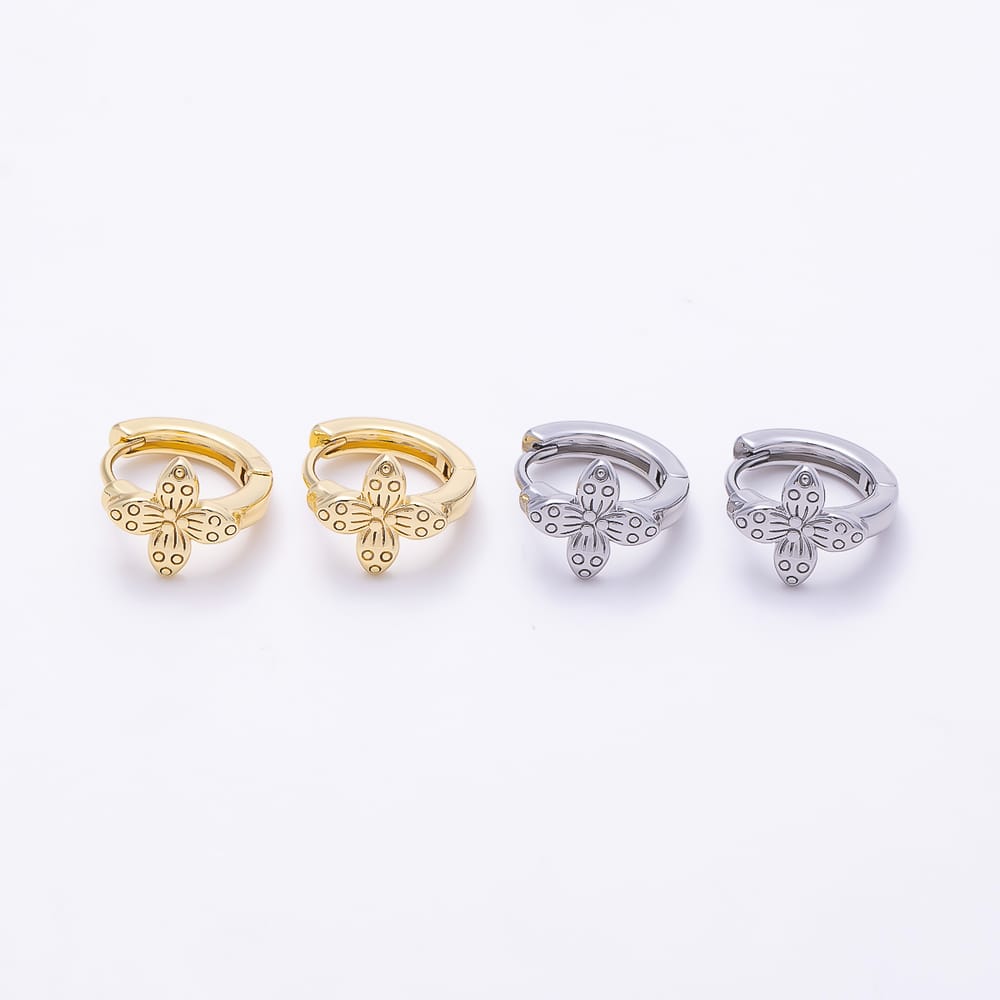 16K Gold Filled 14mm Engraved Four-Petal Flower Huggie Hoop Earrings | Earrings-00959 - Earrings-00960