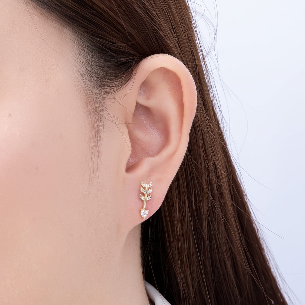 16K Gold Filled 15mm Cupid Arrow Love Heart Cut CZ Stud Earrings| Earrings-00974