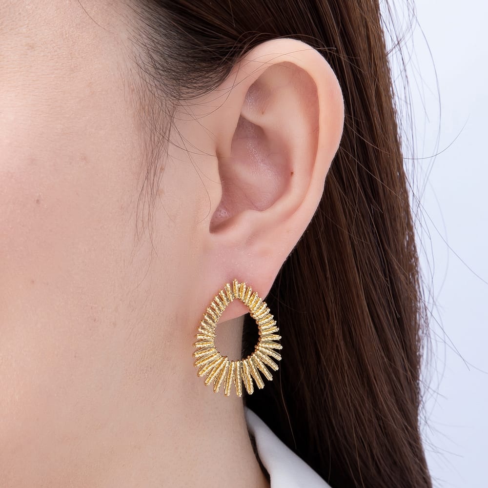 16K Gold Filled 29mm Sunburst Ribbed Wire Teardrop Open Hoop Earrings| Earrings-00894