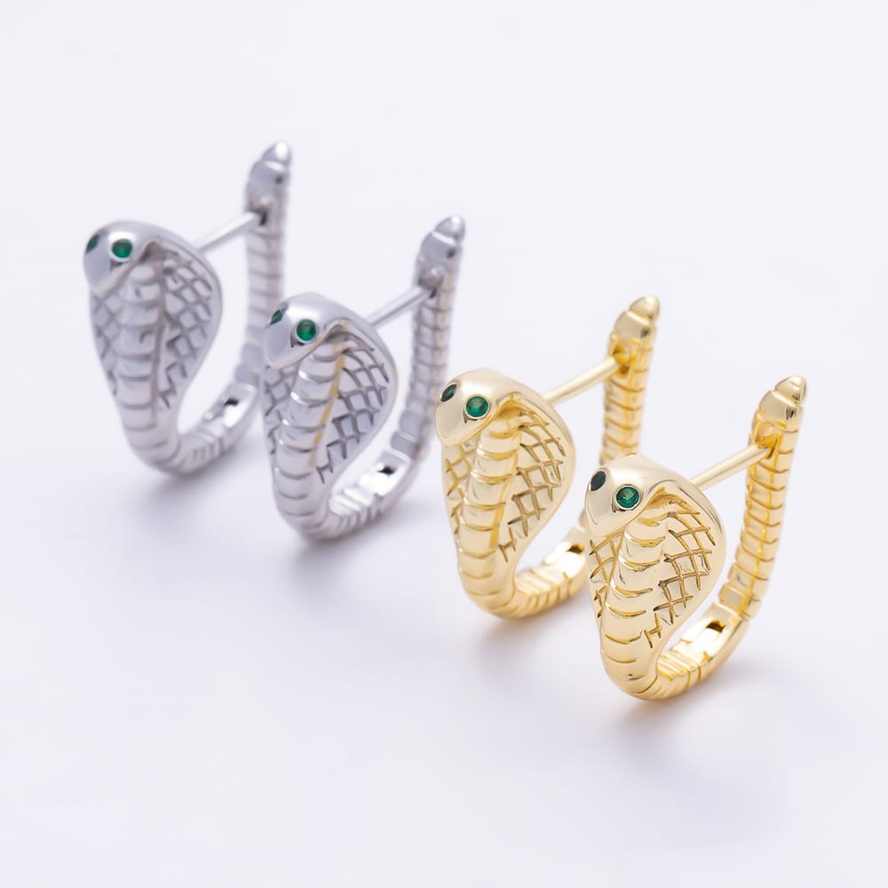 16K Gold Filled 19mm Green CZ Eyes Textured Snake Huggie Hoop Earrings| Earrings-00955 - Earrings-00956