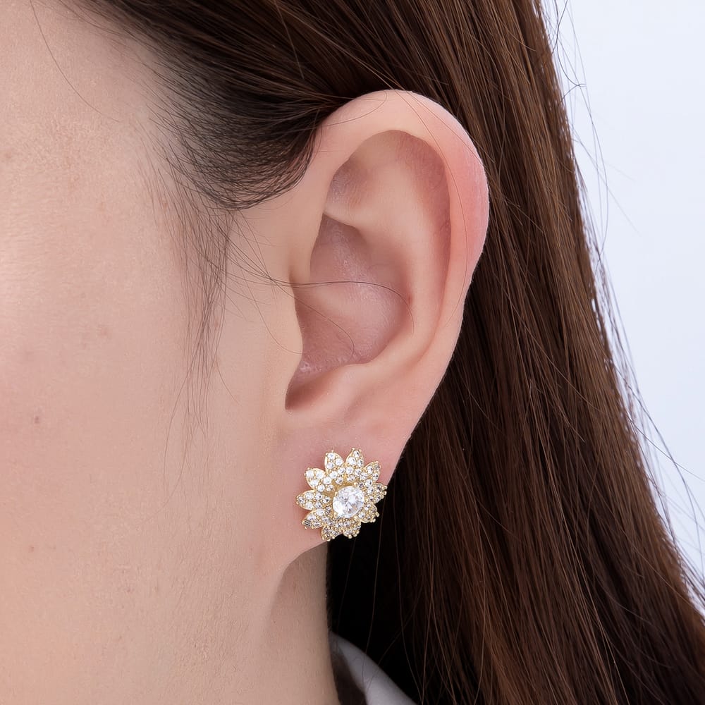 16K Gold Filled 15mm Clear Micro Paved CZ Flower Stud Earrings | Earrings-01111
