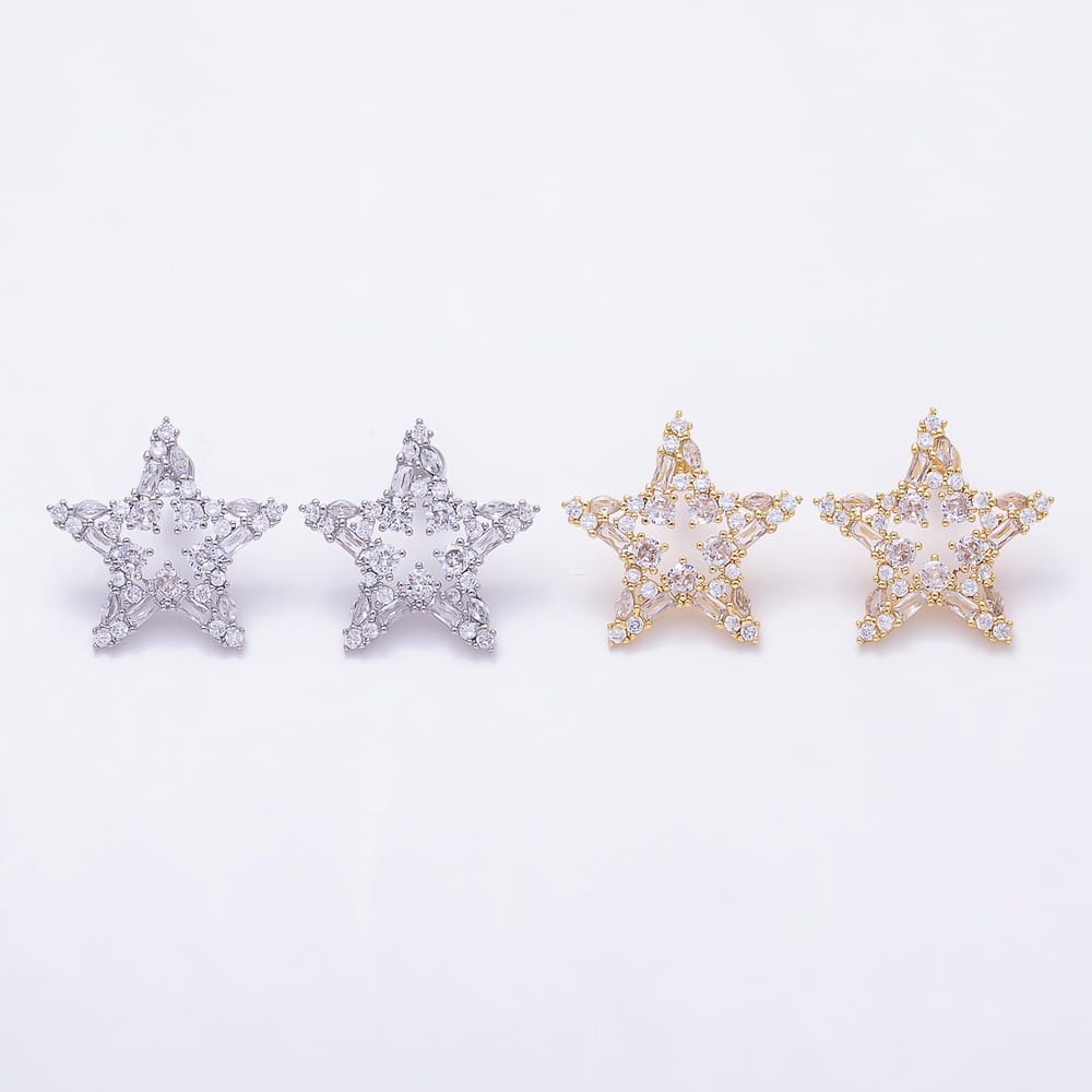 16K Gold Filled 27mm Mixed Cut Clear CZ Open Star Stud Earrings| Earrings-00922 - Earrings-00923