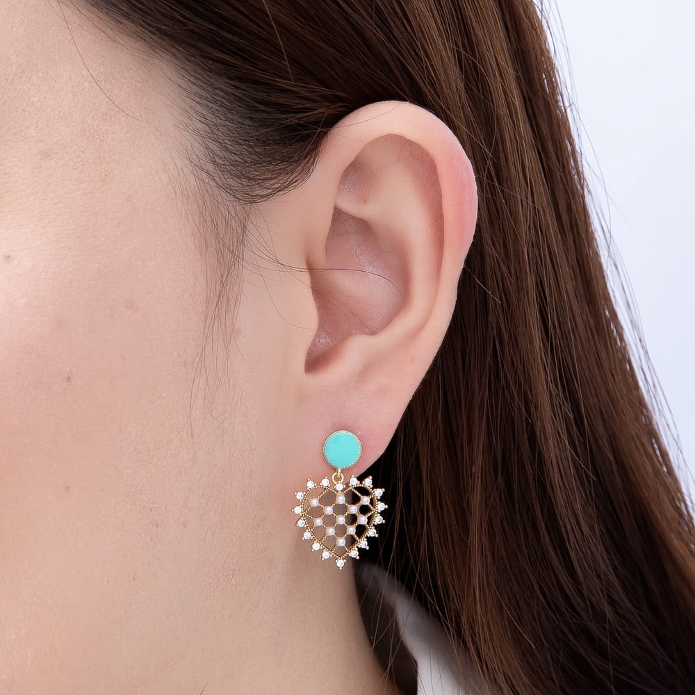 14K Gold Filled 24mm Clear CZ Shell Pearl Open Heart Turquoise Enamel Round Drop Stud Earrings | Earrings-01112