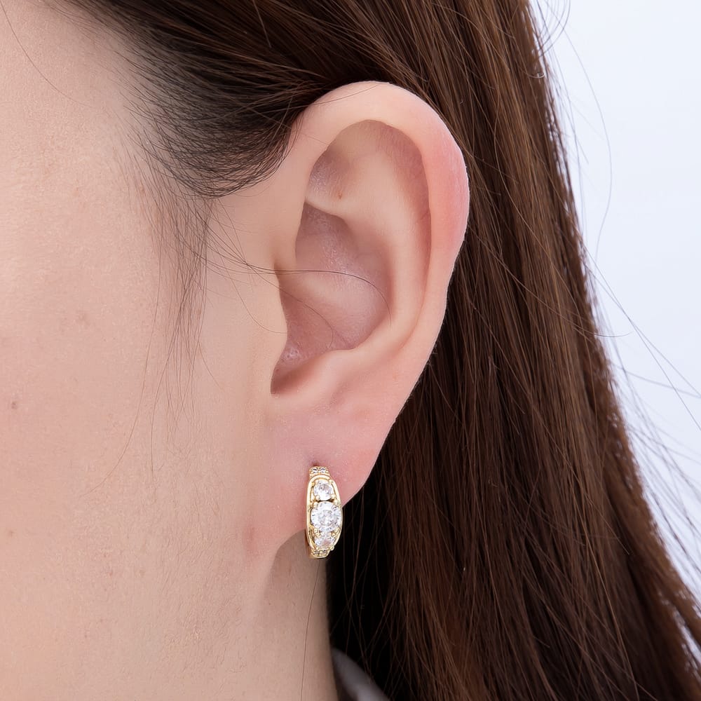 14K Gold Filled 15mm Clear CZ Round Graduated Huggie Earrings | Earrings-01116