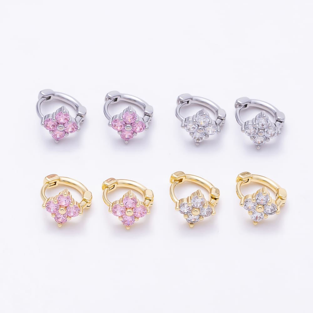 16K Gold Filled 12mm Clear, Pink CZ Clover Flower Huggie Earrings in Gold & Silver | Earrings-01072 ~ Earrings-01075