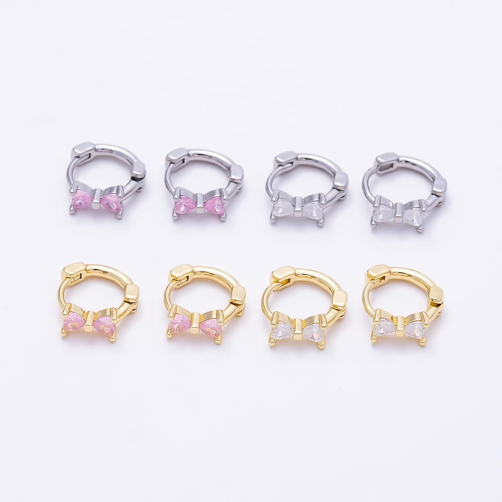16K Gold Filled 12.5mm Clear, Pink CZ Ribbon Bow Cartilage Huggie in Gold & Silver | Earrings-01068 ~ Earrings-01071