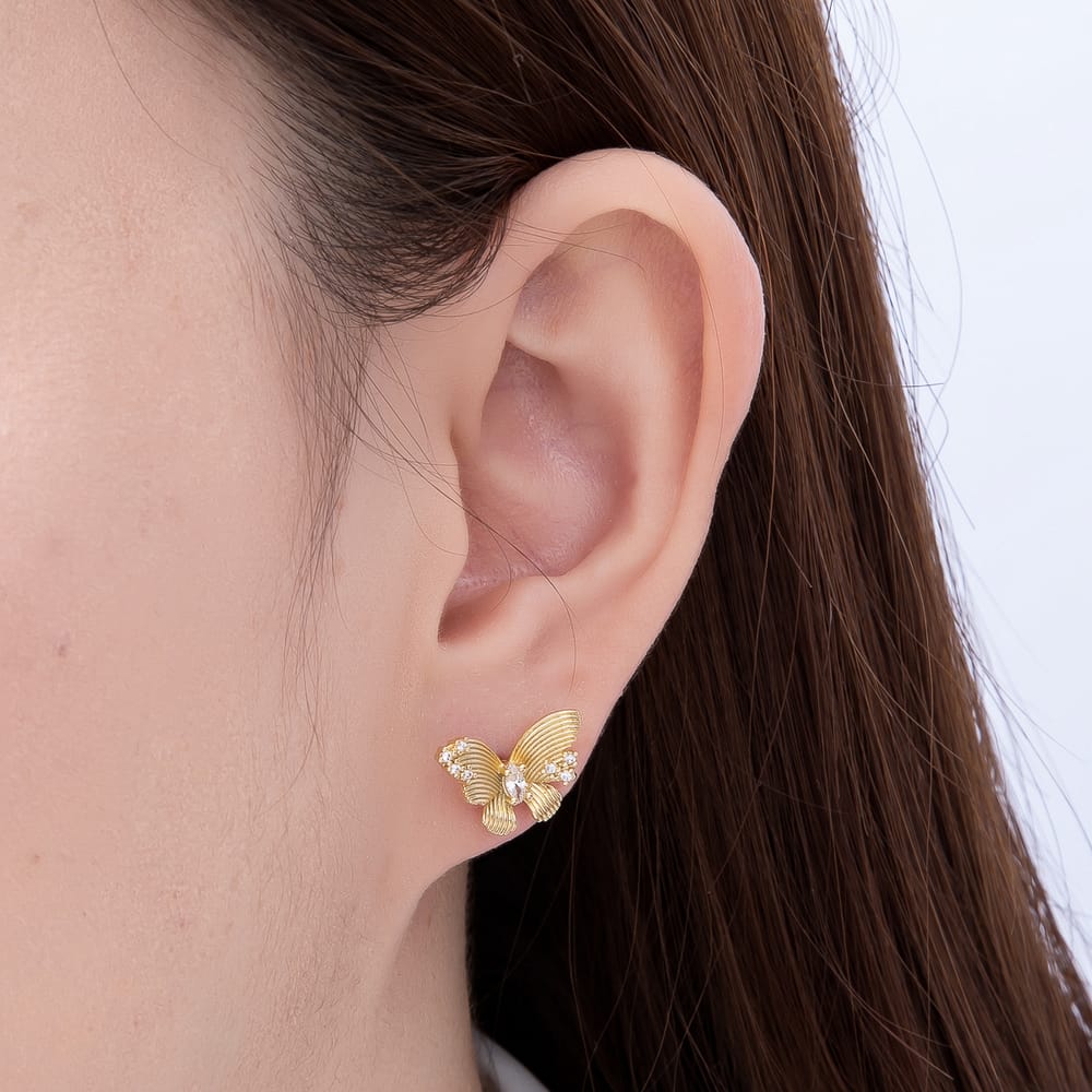 16K Gold Filled 17mm Textured Butterfly Marquise CZ Animal Stud Earrings| Earrings-00971
