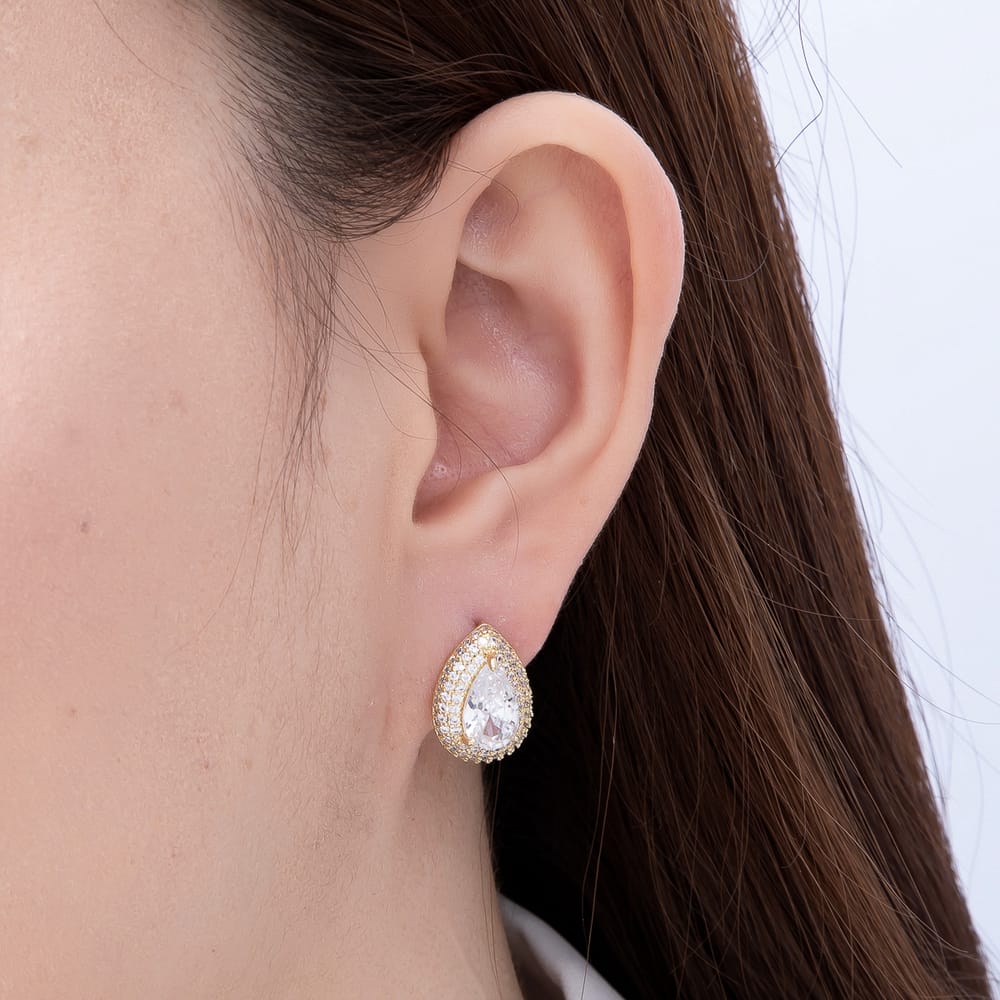 16K Gold Filled 16mm Micro Paved CZ Teardrop Bezel Stud Earrings | Earrings-00953