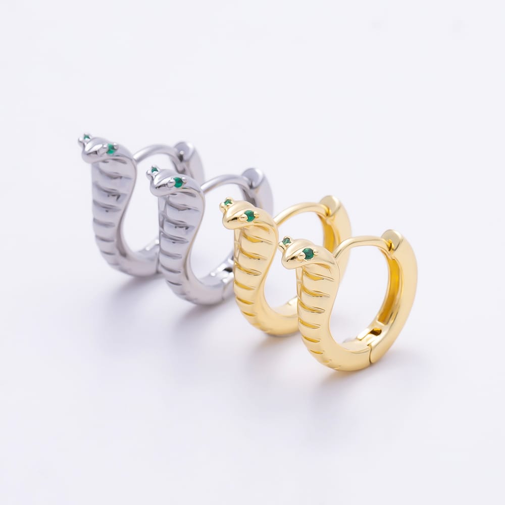 16K Gold Filled 16mm Green CZ Serpent Snake Cartilage Huggie Earrings in Gold & Silver | Earrings-01084 Earrings-01085