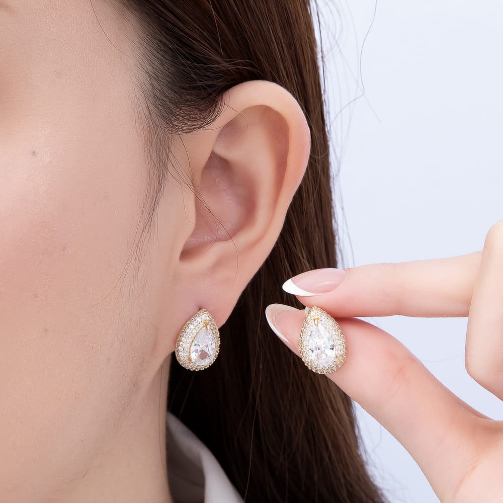16K Gold Filled 16mm Micro Paved CZ Teardrop Bezel Stud Earrings | Earrings-00953