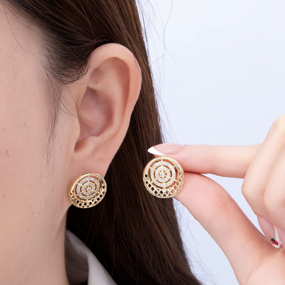 16K Gold Filled 17mm Micro Paved CZ Round Circle Statement Stud Earrings | Earrings-00950