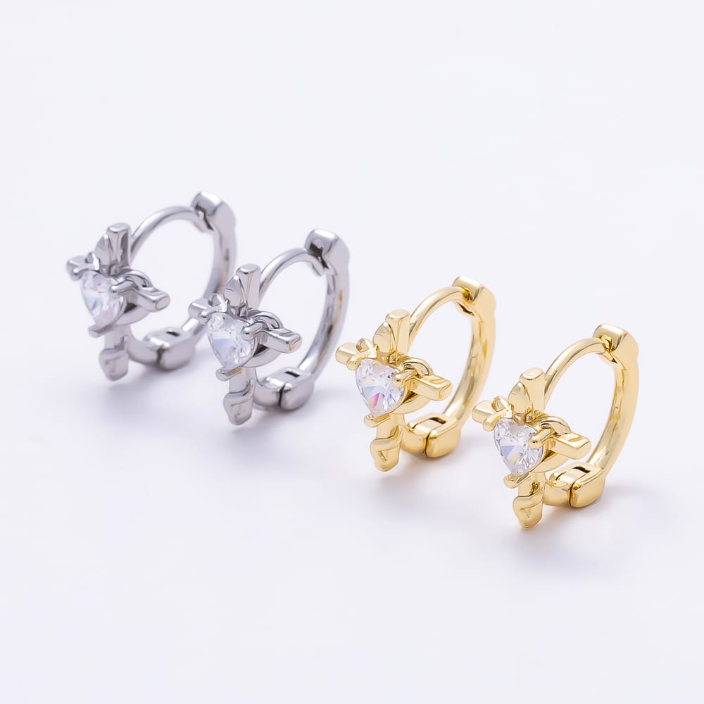 16K Gold Filled 14mm Clear CZ Sacred Heart Cross Religious Cartilage Huggie in Gold & Silver | Earrings-01080 Earrings-01081