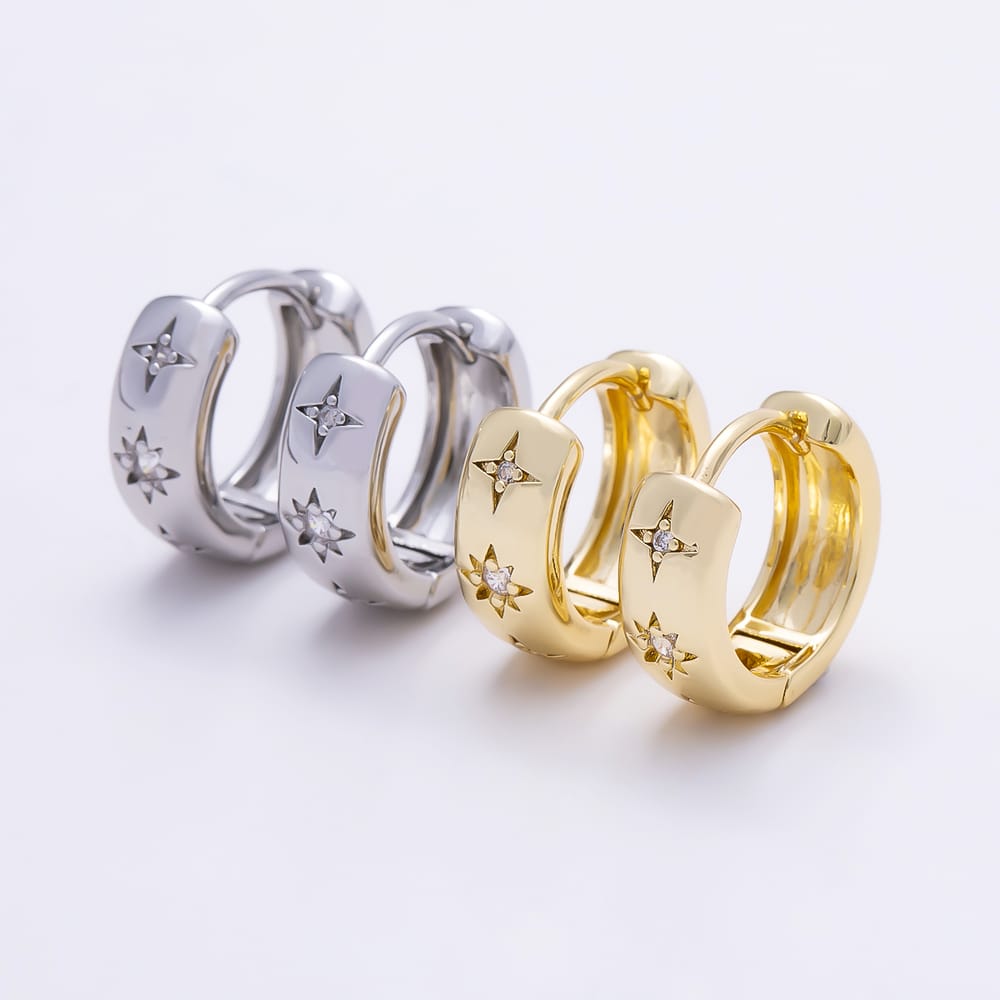 16K Gold Filled 12mm Clear CZ Celestial North Star Cartilage Huggie Earrings in Gold & Silver | Earrings-01078 Earrings-01079