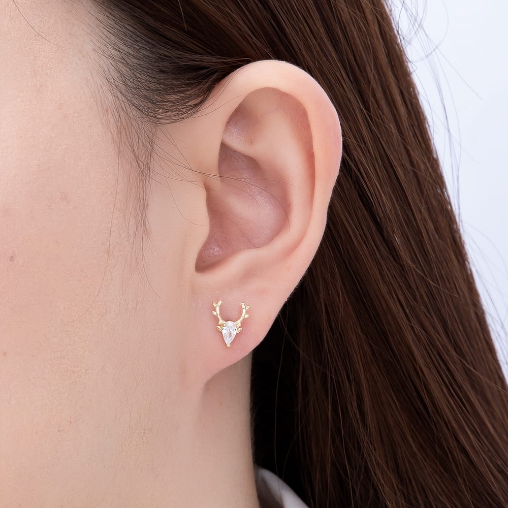 CHRISTMAS HOLIDAYS 16K Gold Filled 10mm Clear CZ Reindeer Mini Stud Earrings | Earrings-00969