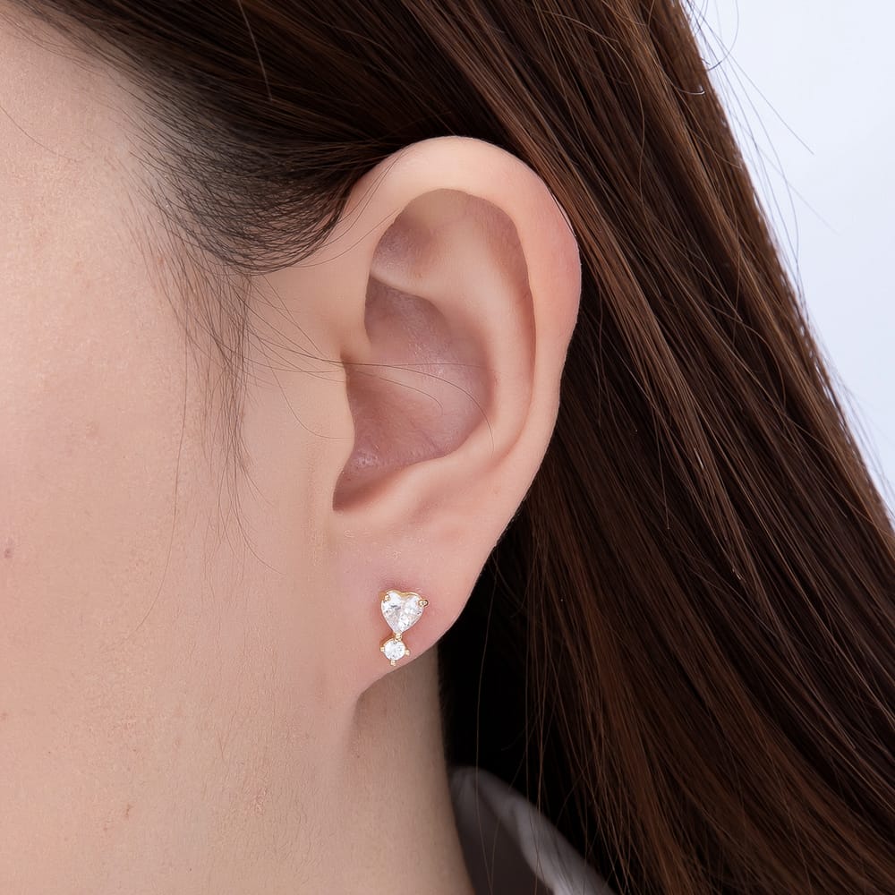 16K Gold Filled 16mm Clear CZ Heart & Round Tiered Stud Earrings| Earrings-00975