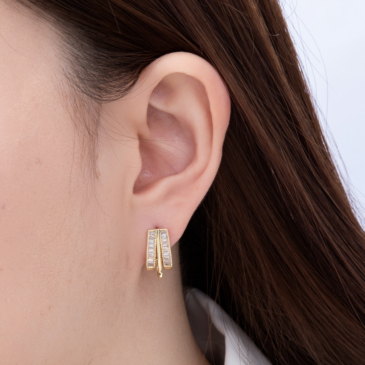 16K Gold Filled 16.5mm Baguette Triple Band J-Shaped Hoop Earrings | Earrings-00720