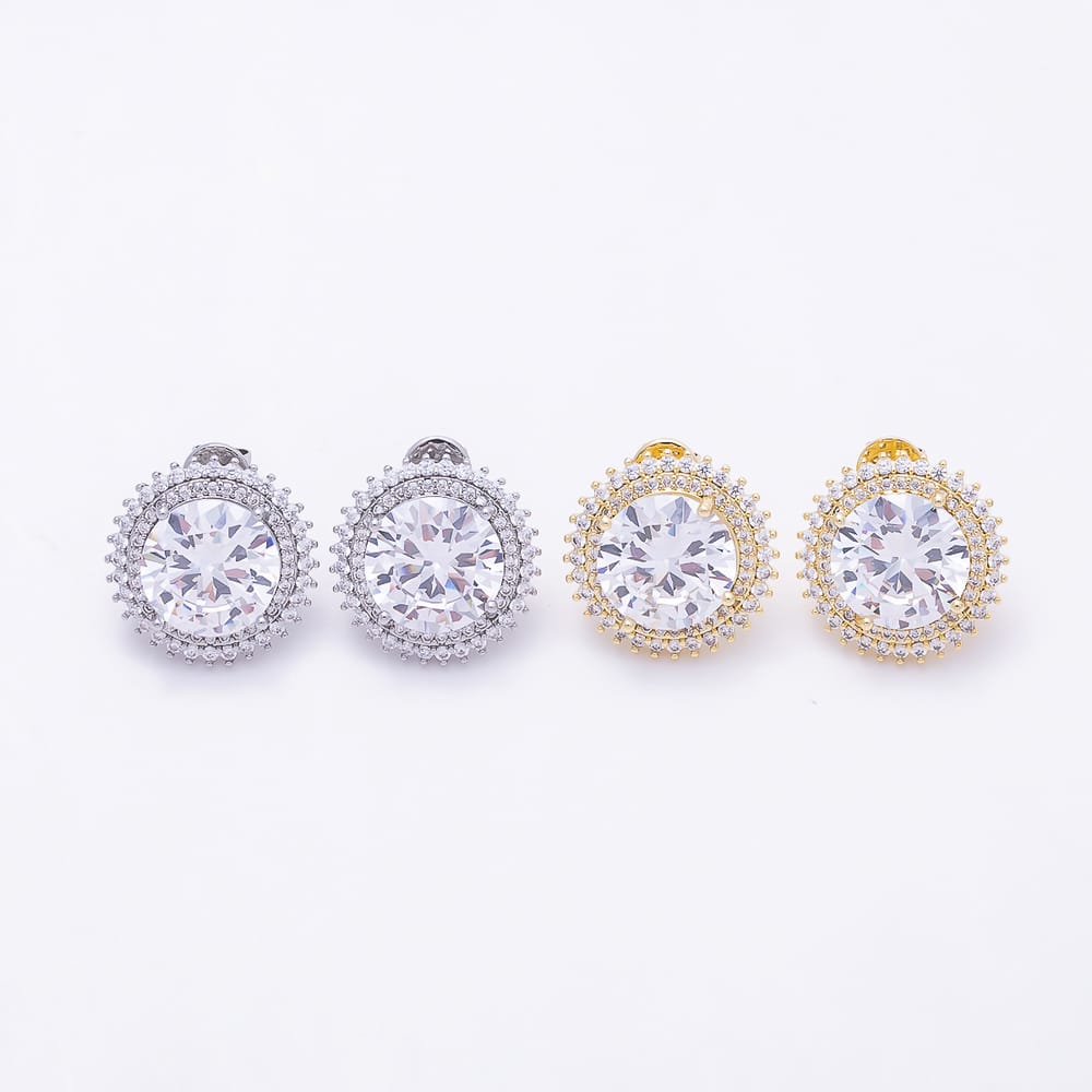 16K Gold Filled 19mm Round Solitaire Double Micro Paved CZ Stud Earrings | Earrings-00961 - Earrings-00962