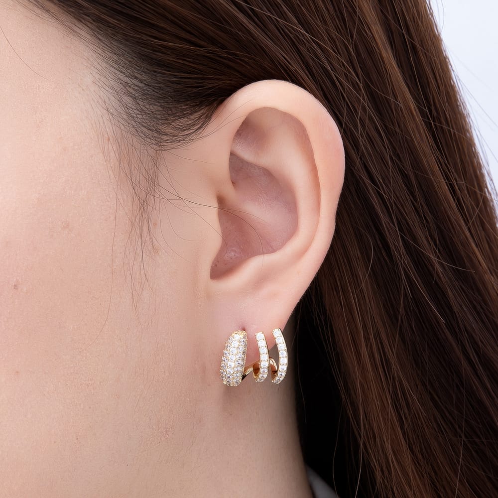16K Gold Filled 16mm Micro Paved CZ Triple Curved Claw C Hoops Earrings | Earrings-00952