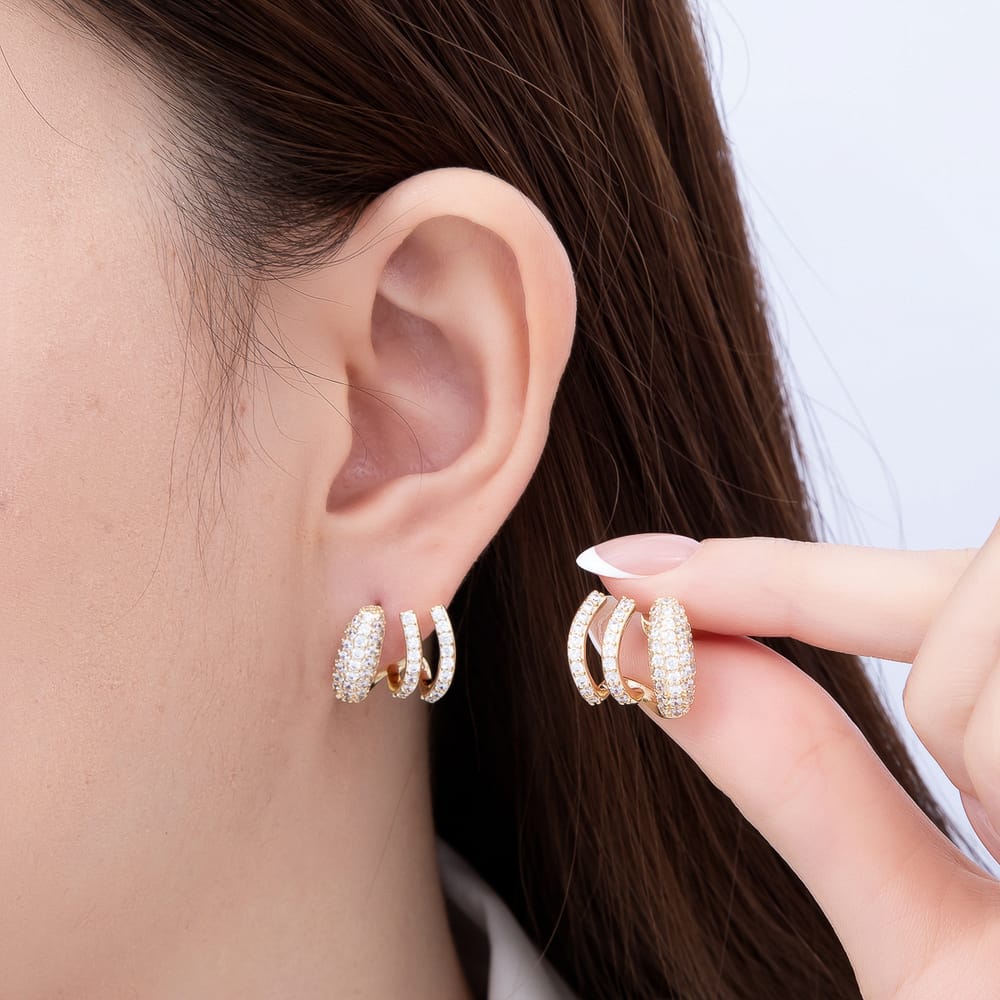 16K Gold Filled 16mm Micro Paved CZ Triple Curved Claw C Hoops Earrings | Earrings-00952