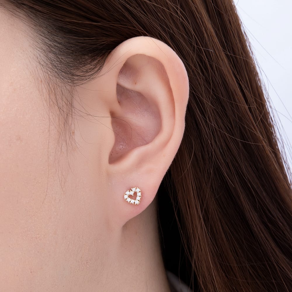 16K Gold Filled 6.5mm Clear Micro Paved CZ Open Heart Mini Stud Earrings | Earrings-00972