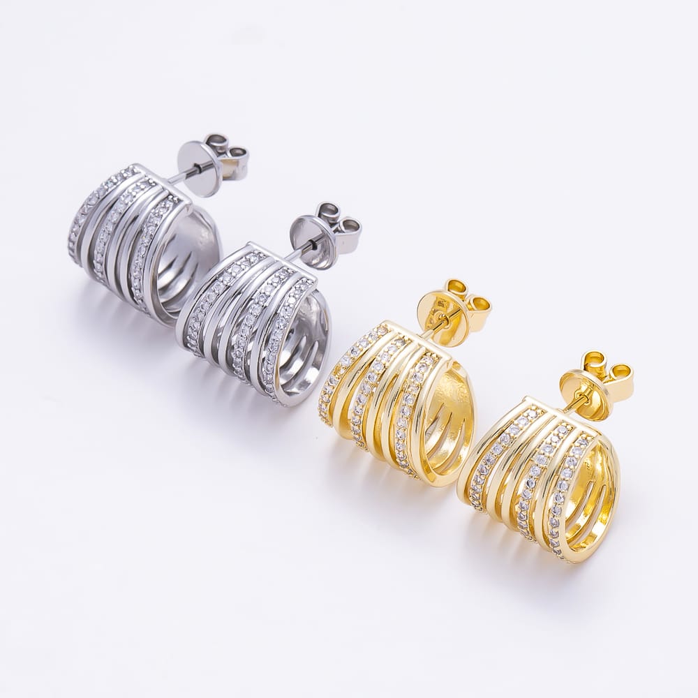 16K Gold Filled 20mm Micro Paved CZ Chunky Multi Row C Hoops Earrings | Earrings-00947 - Earrings-00948