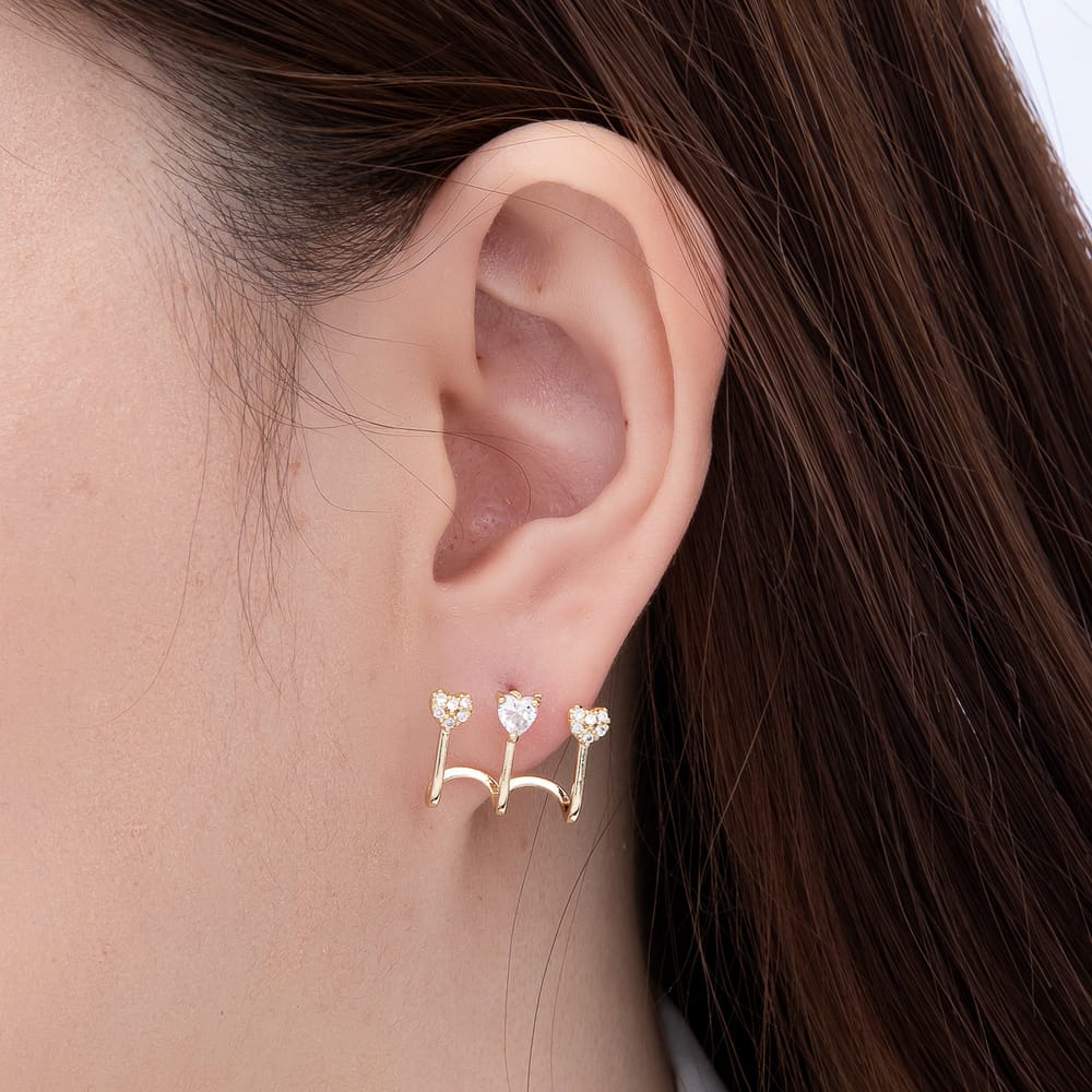 16K Gold Filled 17mm Clear CZ Claw Triple Curved Stem Heart Stud Earrings| Earrings-00976