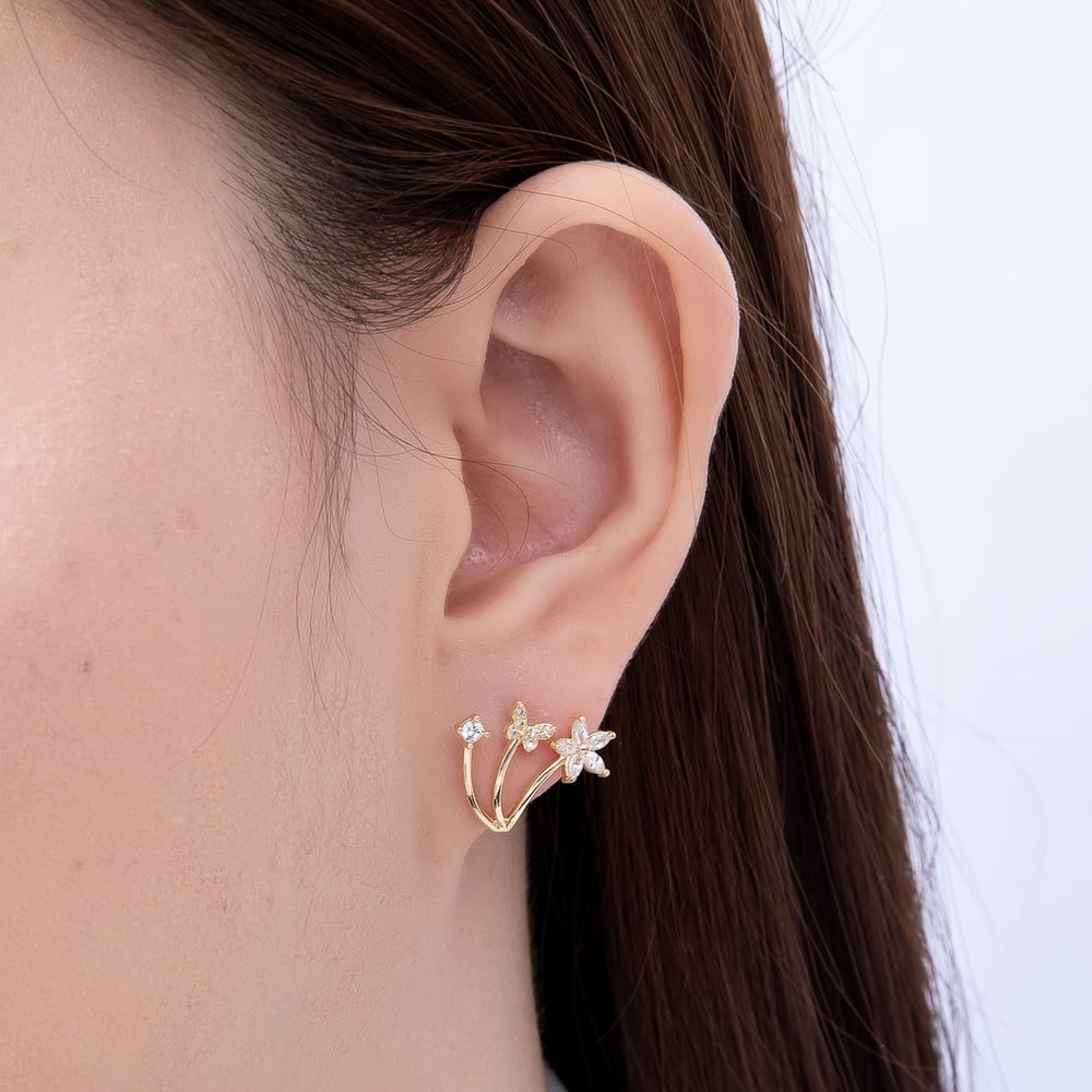 16K Gold Filled 16mm Round & Marquise CZ Triple Curved Flower Butterfly Garden Stud Earrings| Earrings-00973
