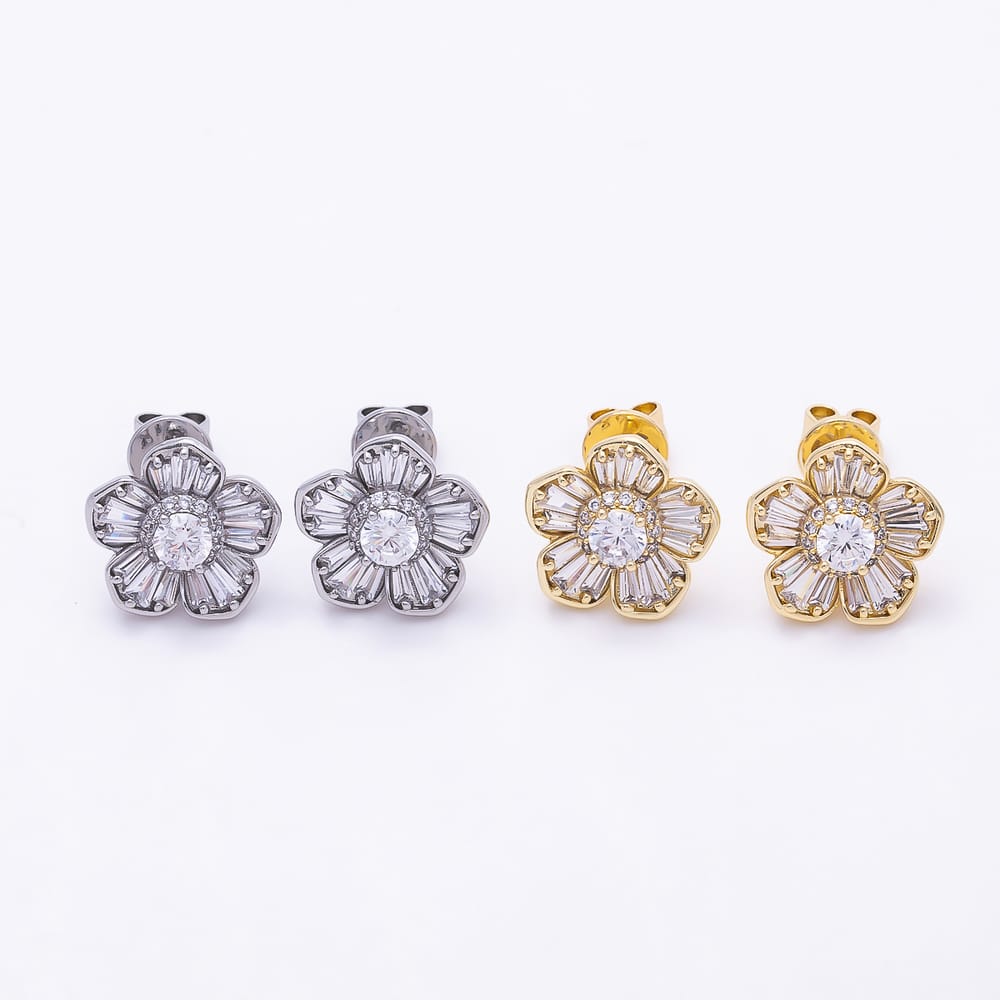 16K Gold Filled 13mm Baguette Micro Paved CZ Flower Stud in Gold & Silver | Earrings-01042 Earrings-01043