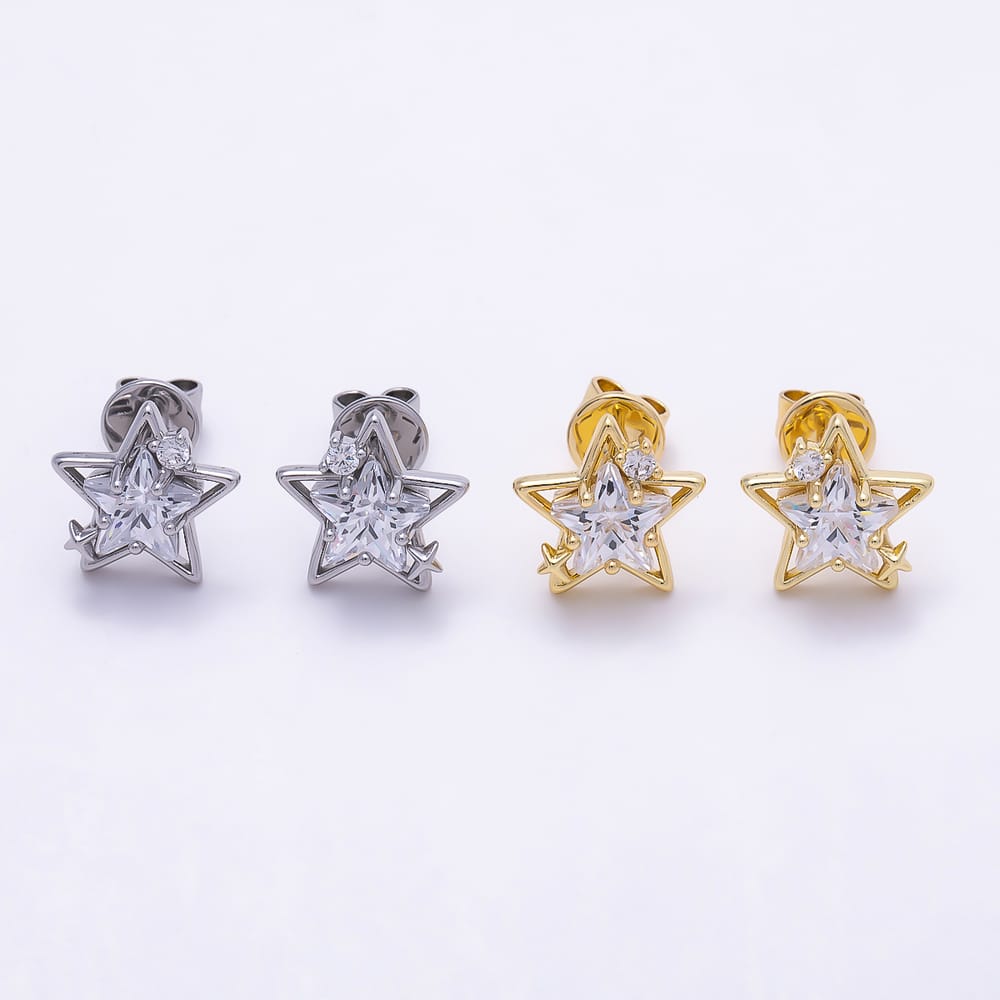 16K Gold Filled 11mm Layered Star Cut Clear CZ Celestial Stud Earrings | Earrings-01040 - Earrings-01041