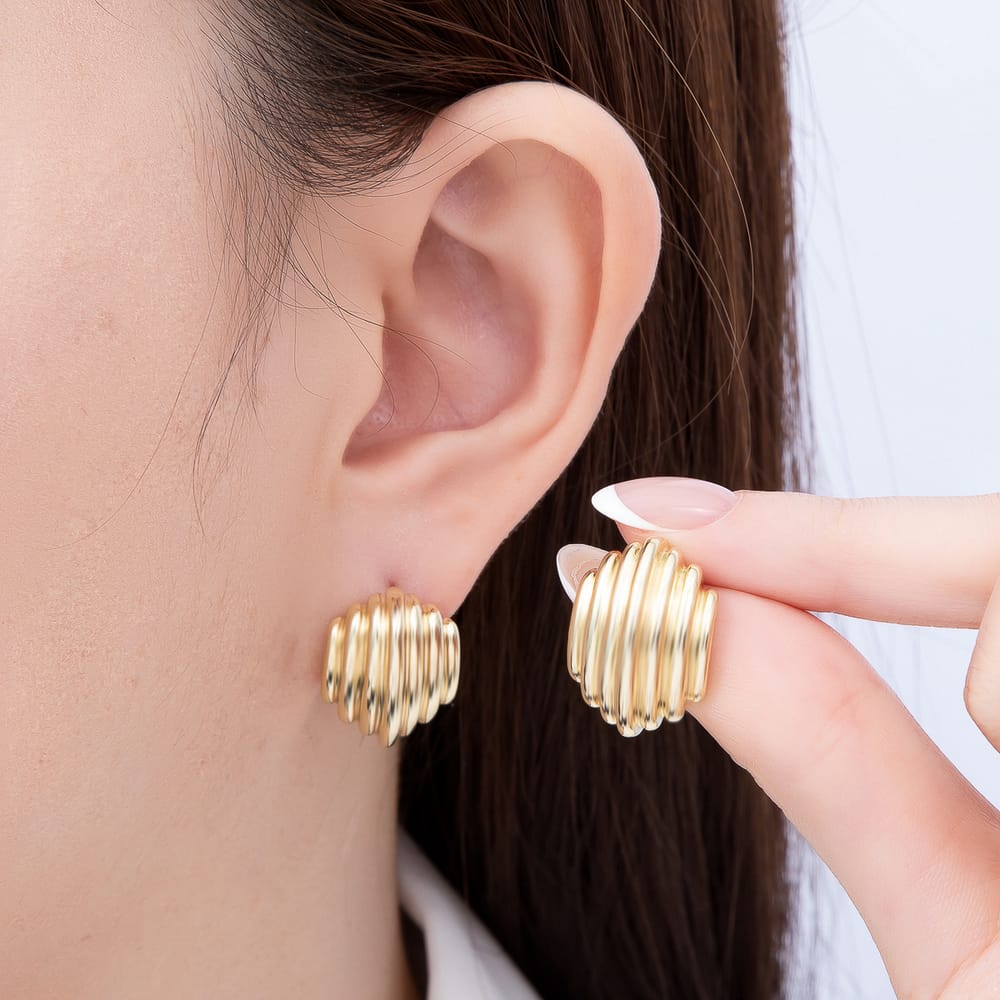 16K Gold Filled 21mm Corrugated Ribbed Statement C-Hoop Earrings| Earrings-00818