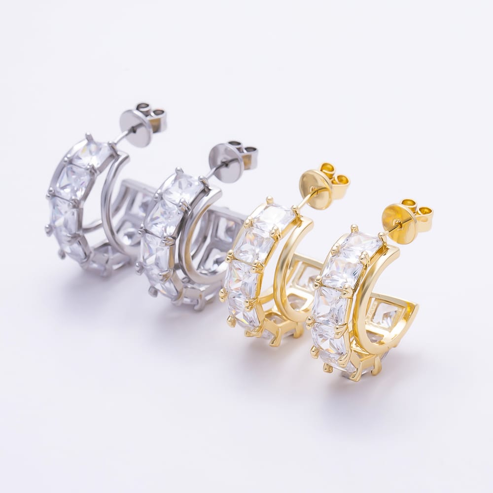 16K Gold Filled 28mm Radiant Cut Clear CZ C Hoop Earrings | Earrings-01057 - Earrings-01058