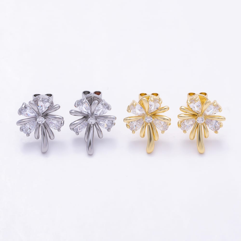16K Gold Filled 16mm Clear CZ Teardrop Flower Stud Earrings in Gold & Silver | Earrings-01038 Earrings-01039