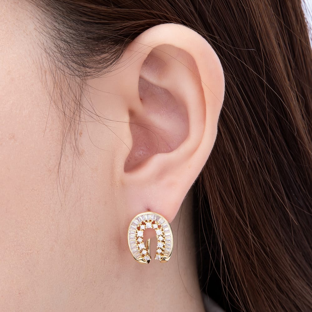 16K Gold Filled 18mm Horseshoe Baguette & Round CZ C-Hoop Stud Earrings | Earrings-00944